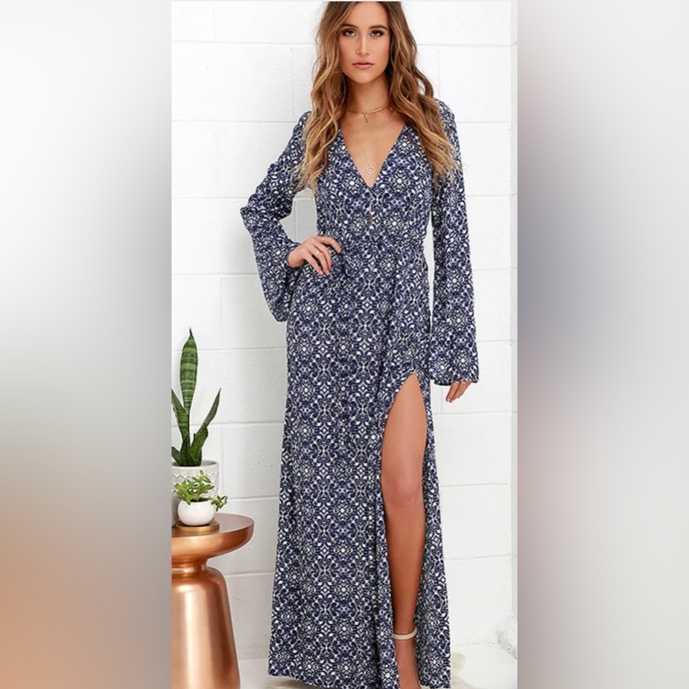Lulus Mandala Daydream Blue and White Patterned Boho Tie Waist Maxi Dress Small